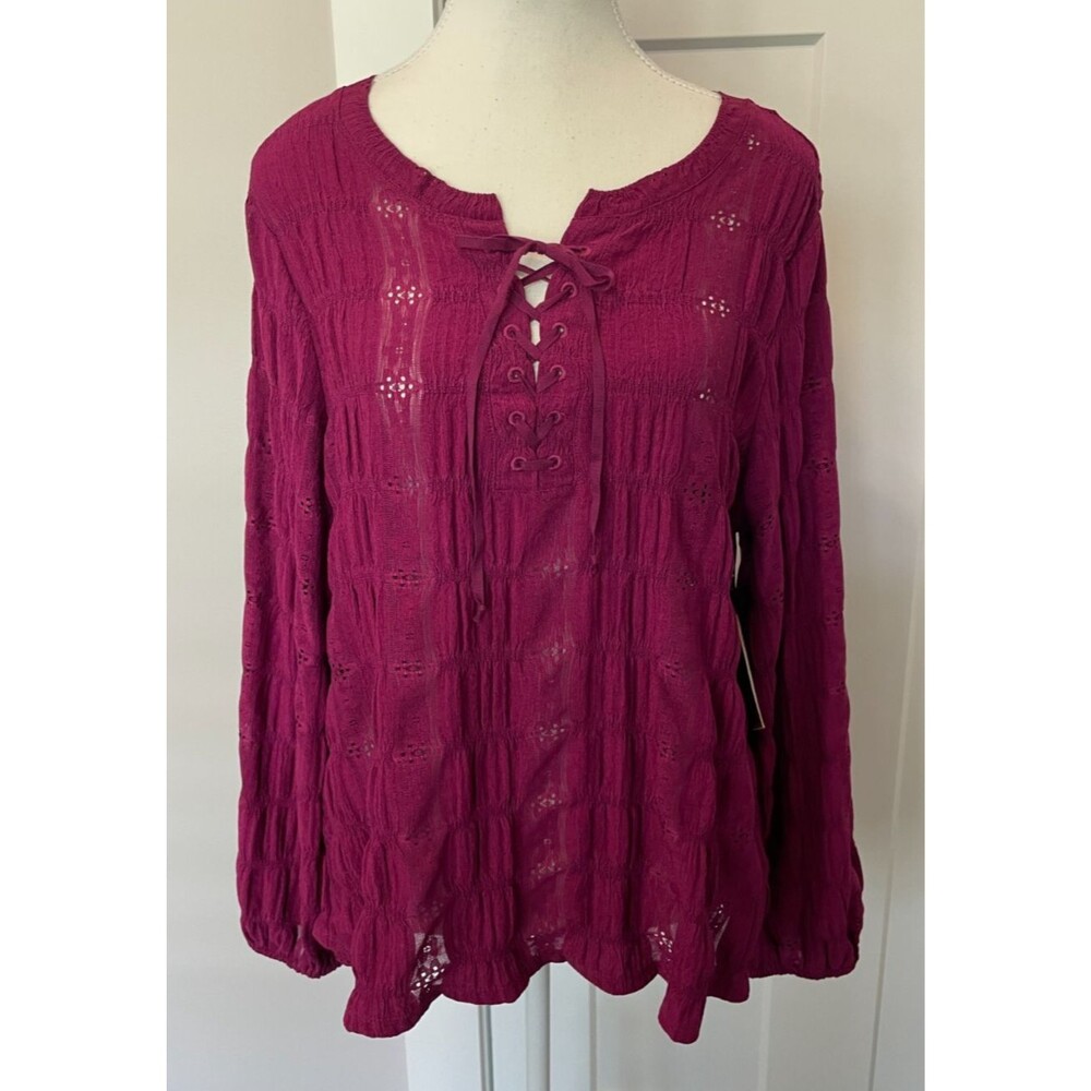 FRYE & CO Womens TOP Long Sleeve PURPLE Fuchsia Crinkle Size L  NWT